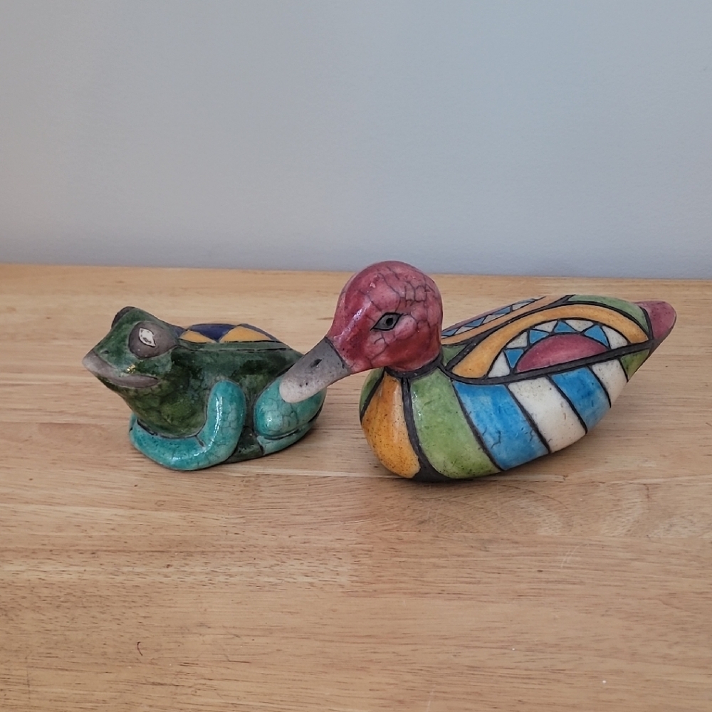 Handmade In South Africa Colorful Ceramic Duck and Frog Figurines